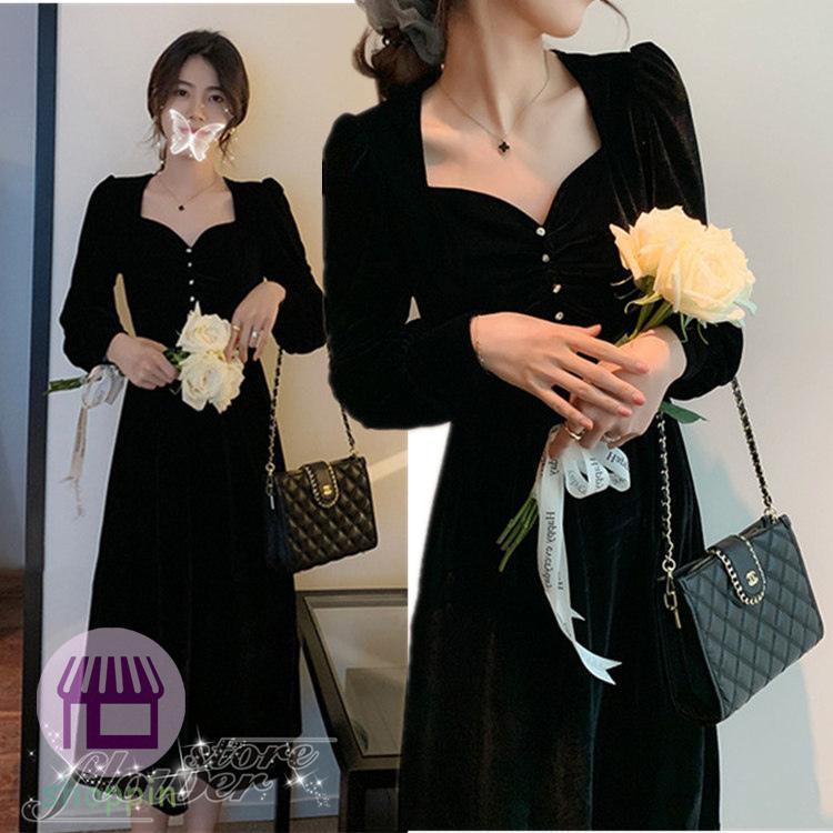 【スーパーセール限定】ワンピースドレス レディース 40代 秋冬 きれいめ マキシワンピース 長袖 ベルベット黒スクエアネック 結婚式ドレス パーティー 大きいサイズ 新作 オシャレ