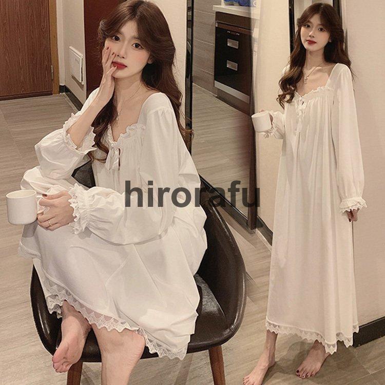 ネグリジェ 春夏秋 姫 ネグリジェ 白ワンピース レースネグリジェ ロング丈 長袖 ネグリジェ パジャマ ..