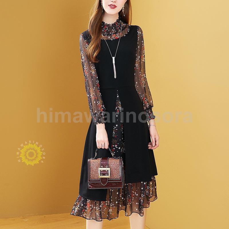 パーティードレス レディース ロングワンピース 長袖 きれいめ 上品 シフォンワンピース ロング丈 花柄 大きいサイズ おしゃれ 韓国風 着痩せ OL