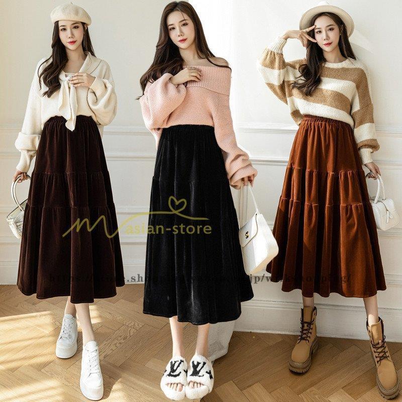 スカート ロングスカート ティアードスカート Aラインスカート ミモレ丈 フレアスカート ビロードスカート ウエストゴム ハイウエスト 秋冬 無地 ゆったり