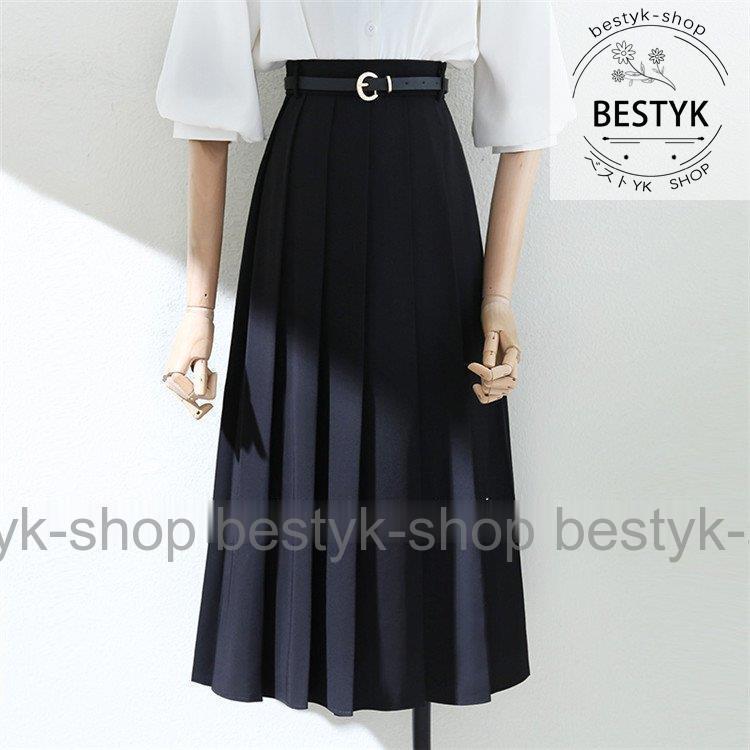 プリーツスカート レディース ベルト付き ウエストゴム ジップアップ ハイウエスト 無地 ロング丈 膝丈