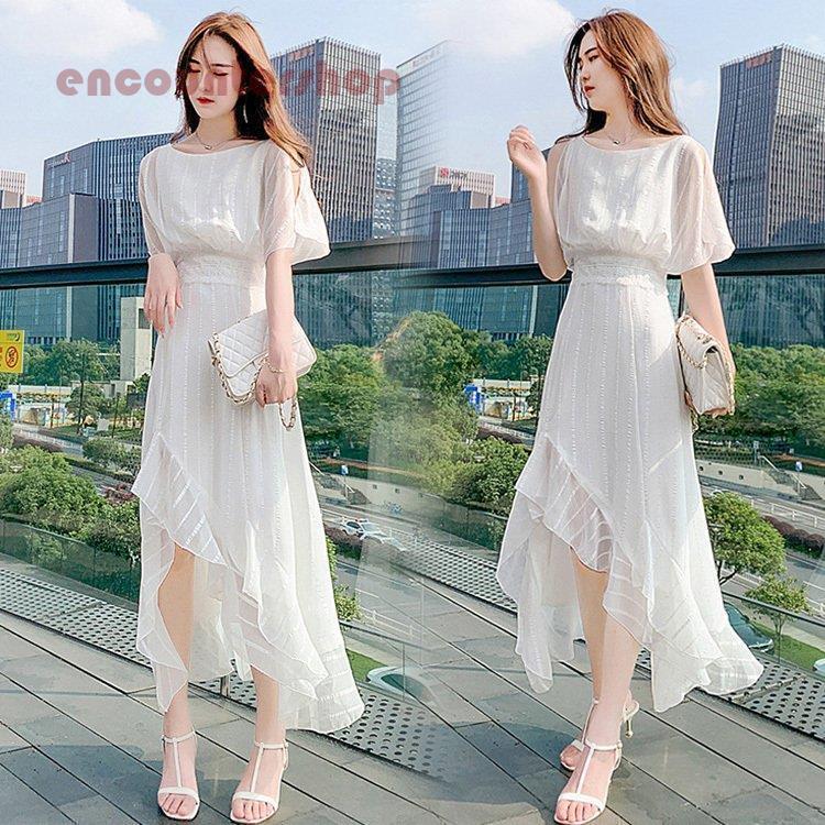 ワンピース レディース 40代 マキシワンピース 春夏 半袖ワンピース 白シフォン 不規則裾 マーメイドスカート オシャレ大人 お出かけ 結婚式ドレス 30代 50代