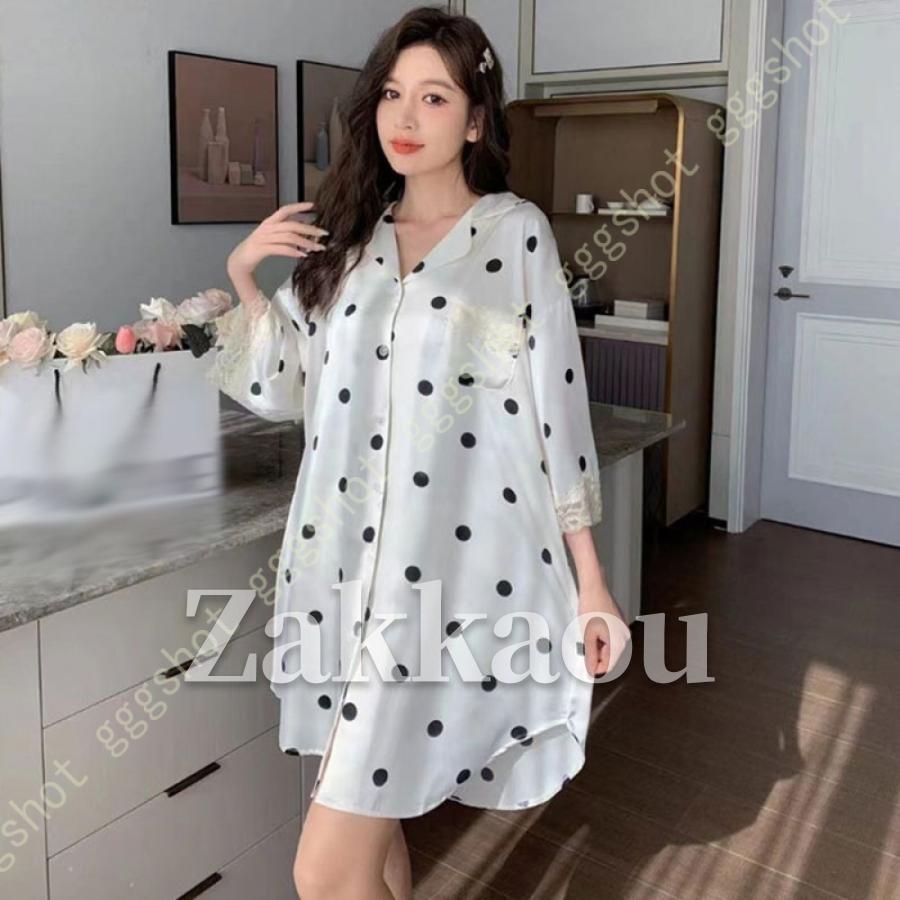 ネグリジェ パジャマ レディース 七分袖 夏 レーヨン素材 前開き ロング丈 ルームワンピース サテン風 ..