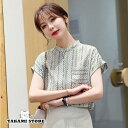 ブラウス レディース 40代 春夏新作 オシャレブラウス シフォンブラウス ストライプ柄 フレンチスリーブ 上品 半袖トップス 韓国風 通勤 ゆったり(4)