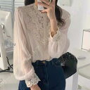 シャツ ブラウス 春 レディース 長袖 花柄 柄 シースルー カットソー 立ち襟 レース きれいめ 刺繍ブラウス 花柄 無地 カジュアル フォーマル 事務服 トップス(4)