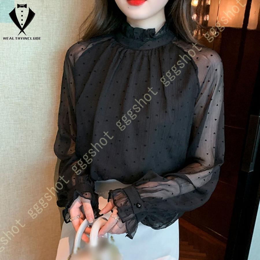 ブラウス 黒 レースブラウス レース チュール シースルー トップス パフスリーブ ブラウス ワイシャツ 細身 カジュアル 大人 トップス 刺繍 体型カバー