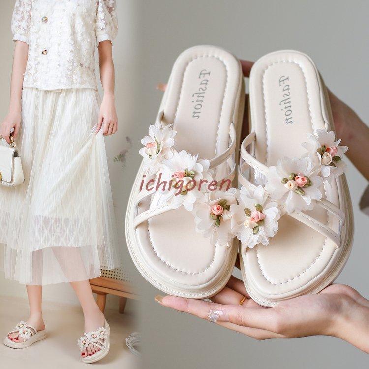 ミュール サンダル レディース 夏 厚底ヒール スリッパサンダル 可愛い花柄 美脚 歩きやすい 疲れない ..