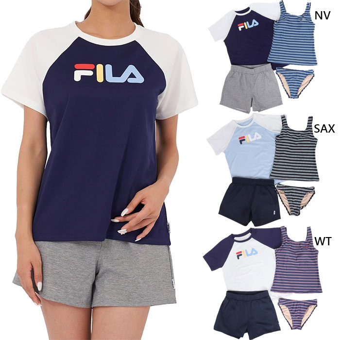 水着4点セット フィラ レディース ロゴ入りTシャツ カジュアル水着 半袖Tシャツ タンキニ ショートパンツ プール 海水浴 ホワイト 白 ネイビー ブルー 青 送料無料 FILA 324602