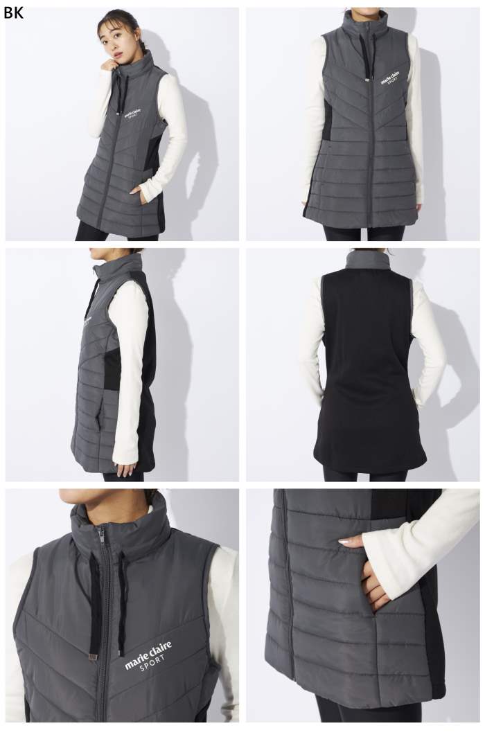 マリクレール レディース 中綿 ロングベスト ゴルフウェア トップス ホワイト 白 ブラック 黒 送料無料 marie claire 444703