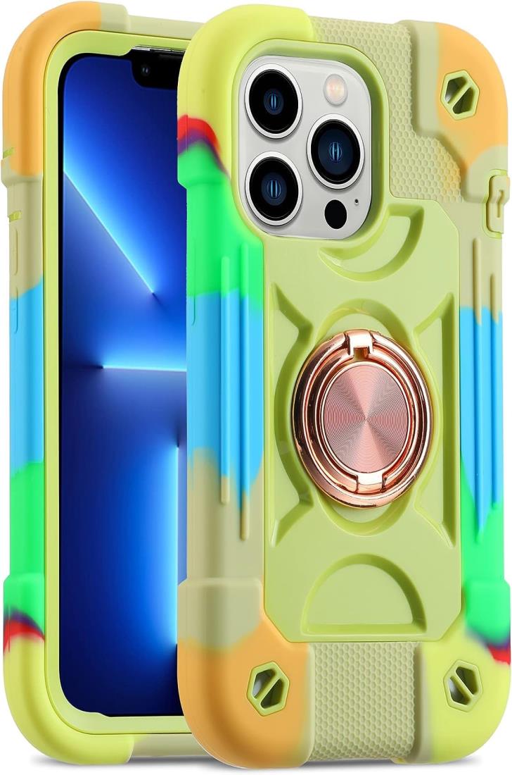 iPhone 15 Pro ケース 耐衝撃 頑丈 360度回転スタンド リング付き付き 虹色 かわいい アイフォン15 プロ ケース 車載ホルダー対応 落下防止 ストラップホール付き アウトドア 子供 仕事用 (虹色黄)のサムネイル