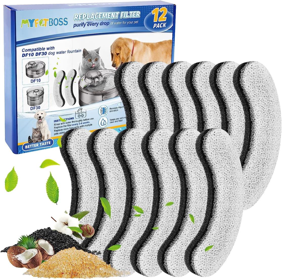 MyfatBOSS 12枚入 猫 水飲み器 フィルター 【昇級版】猫 水飲み器 猫 給水器 ペット 水飲み器 自動給水器に適用 イオン交換樹脂 活性炭フィルター 多重濾過 交換用 ブラック