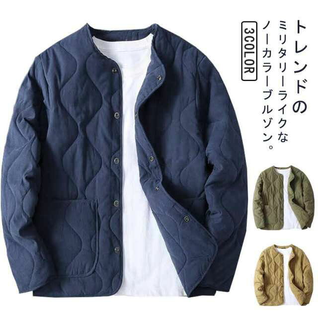 Quilted Jacket - メンズ 長袖 ノーカラー ライナージャケット キルティングジャケット キルティング ブルゾン キルティング キルティングジャケット 大きいサイズ 防寒 ジャケット アウター 上着 ライトアウター 中綿 保温 体型カバー ゆったり ジャケット カーキ ブルー