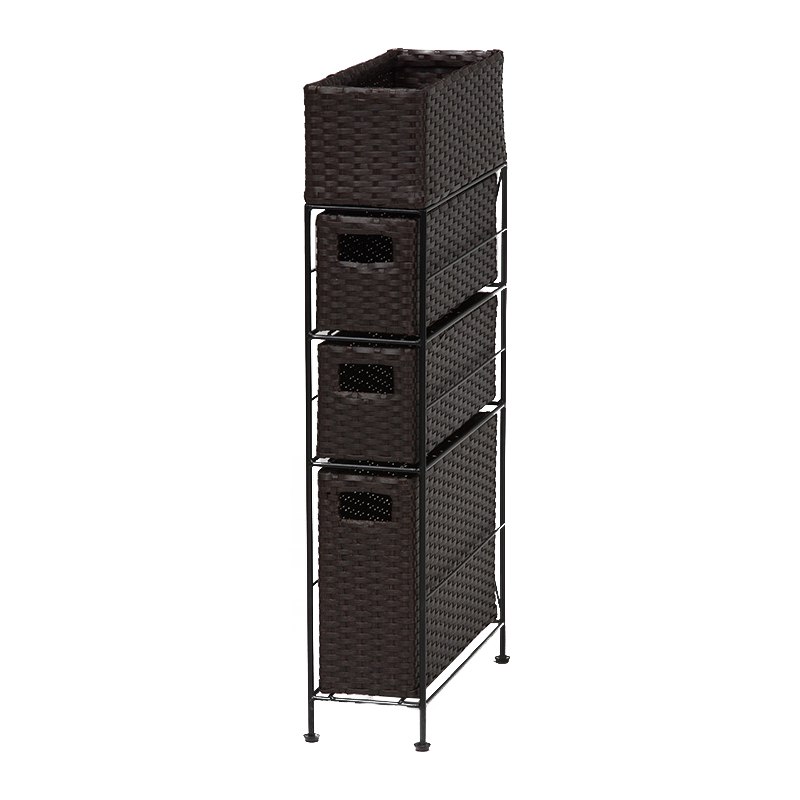 商品情報 サイズ 幅15.5×奥行40.5×高さ80cm 素材 主材:スチールパイプ　張地:ポリエチレン カラー ダークブラウン その他 ■アジャスター付 ■カゴ部内寸：約幅12×奥行37×高さ13cm ■引出し内寸(浅)：約幅10×奥行37×高さ13cm ■引出し内寸(深)：約幅10×奥行37×高さ26cm通気性抜群 ランドリーチェスト すき間収納 幅15.5cm 引き出し3段 ダークブラウン 引出しで水回りの収納もバッチリ! 通気性の良い編み込みの引き出し がたつきを防止するアジャスター機能付き すき間収納で洗面所スペースをスッキリ 1