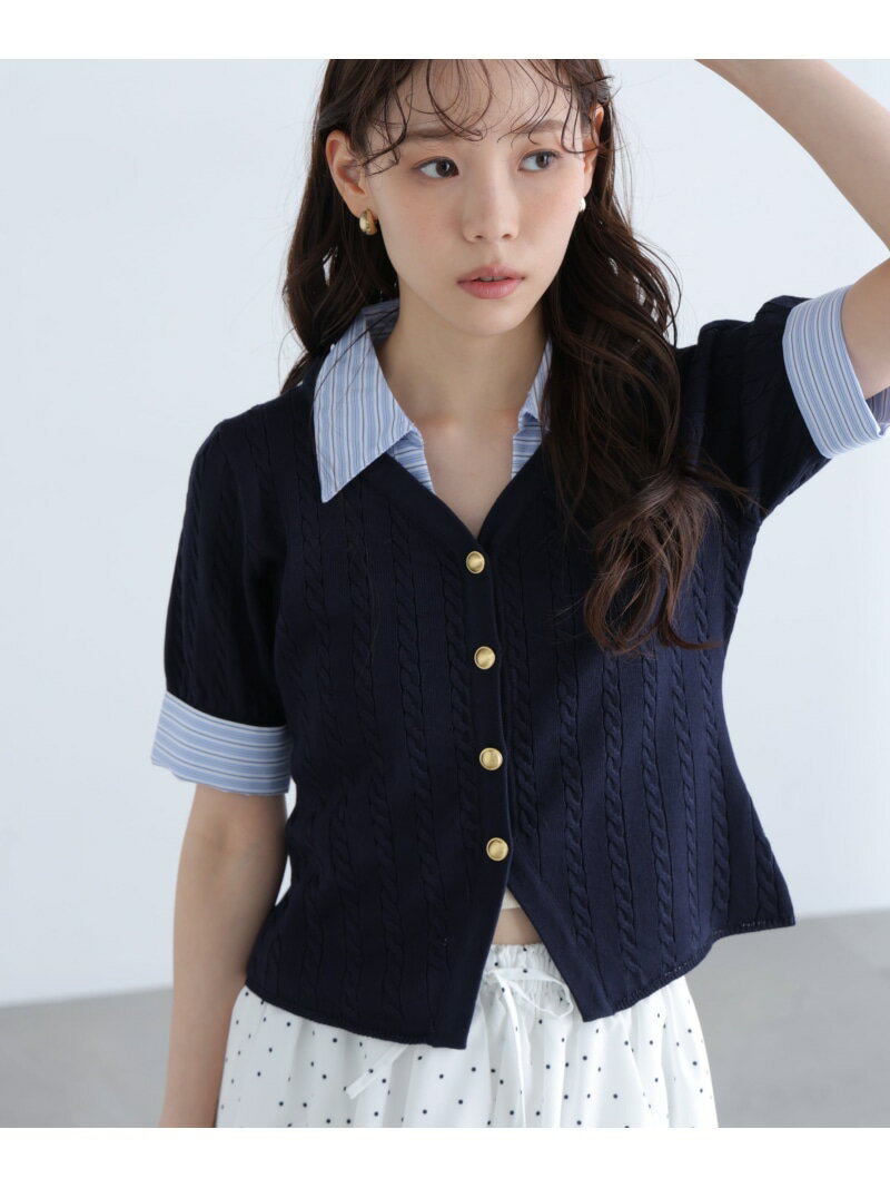 V-Neck - シャツレイヤード金ボタン半袖ニット FREE'S MART フリーズ マート トップス ニット グレー ネイビー ベージュ ホワイト【送料無料】[Rakuten Fashion]