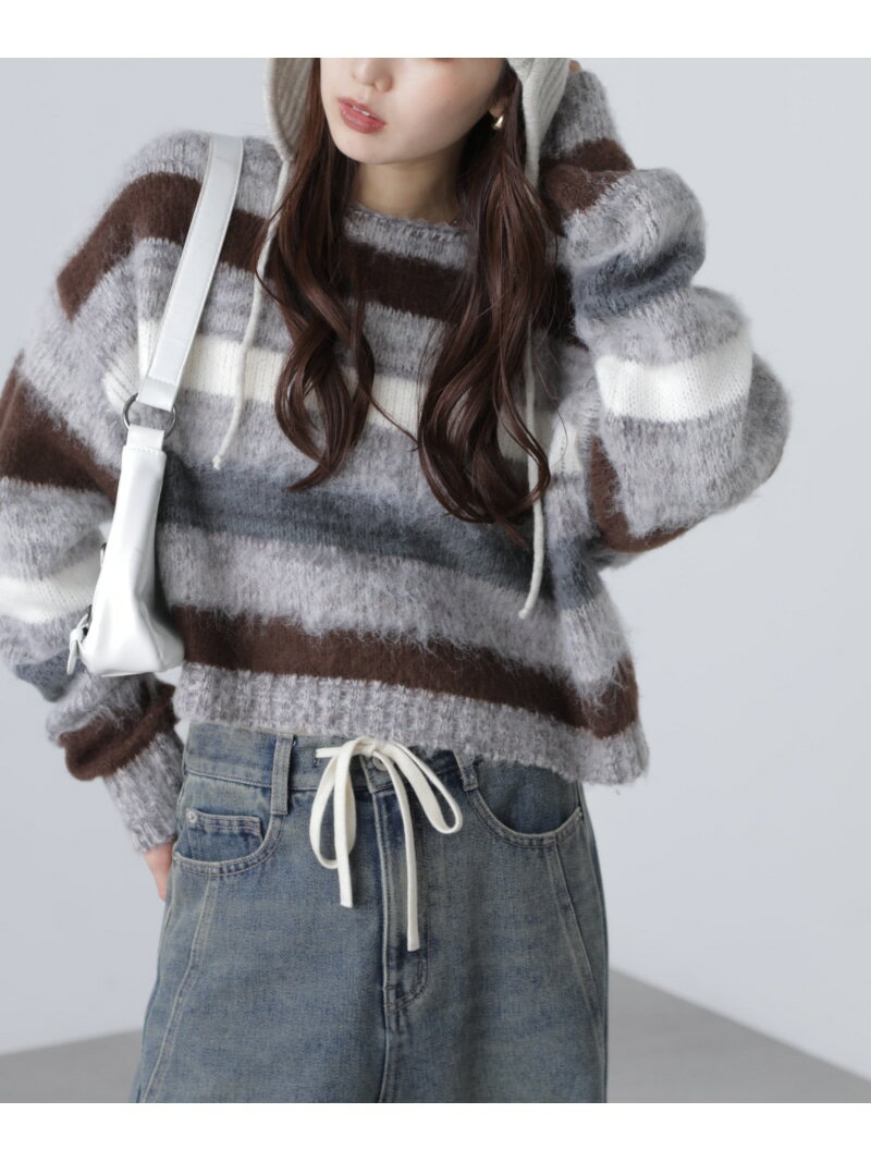 マルチボーダー短丈ニット FREE'S MART フリーズ マート トップス ニット グレー【先行予約】*【送料無料】[Rakuten Fashion]