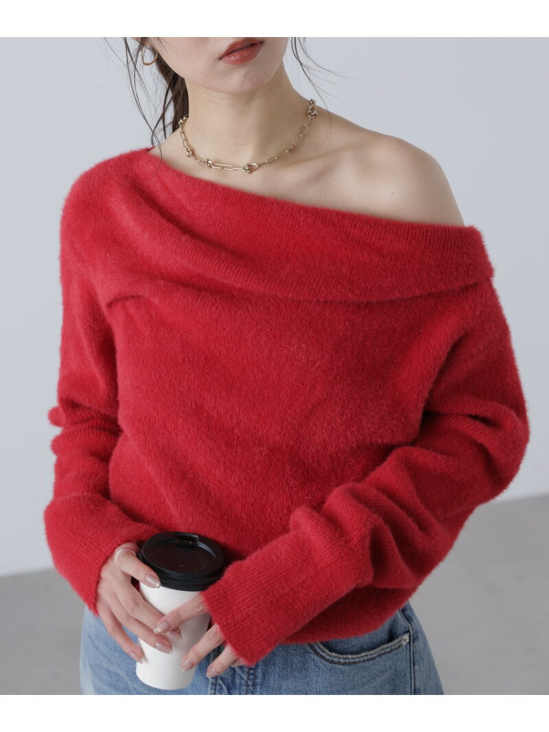 シャギーオフショルドレープネックニット FREE'S MART フリーズ マート トップス ニット グレー レッド【先行予約】*【送料無料】[Rakuten Fashion]