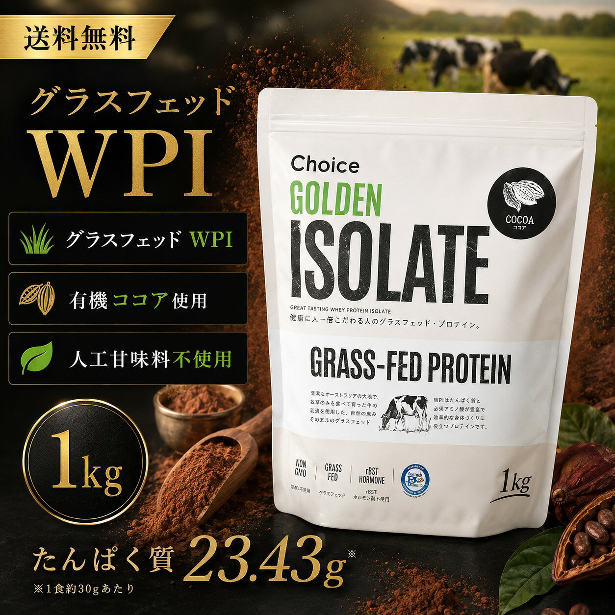 【送料無料】Choice ゴールデンアイソレート 1kg ココア味 グラスフェッド ホエイプロテイン WPI 人工甘味料不使用 有機ココア プロテイン 国内製造 チョイス