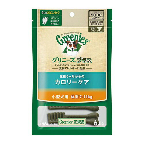 JANコード：4562358784675 商品コード：443208-01 サイズ 6P 原材料 小麦粉、グリセリン、小麦タンパク、オーツ麦繊維、ゼラチン（豚由来）、レシチン、タンパク加水分解物、乾燥リンゴ、ビタミン類 (A、B1、B2、B6、B12、D3、E、コリン、ナイアシン、パントテン酸、ビオチン、葉酸)、ミネラル類 (カリウム、カルシウム、クロライド、マグネシウム、マンガン、ヨウ素、リン、亜鉛、鉄、銅)、L-カルニチン、着色料（スイカ色素、ゲニパ色素、ウコン色素） 原産国 アメリカ 成分 タンパク質28%以上 脂質4％以上 粗繊維6%以下 灰分5%以下 水分15%以下 約56kcal/1本 サイズ・寸法等 212 X 140 X 41※こちらはお取り寄せの商品のため、通常より出荷までにお時間がかかります。3〜7営業日以内の発送になります。日本の愛犬の為に独自に設計されたグリニーズプラス！食物アレルギーにも配慮された歯みがき専用ガムです。 カロリー約8％オフ（成犬用製品比）、体重管理が気になる小型犬（体重7〜11kg用）におすすめ！ 【グリニーズの6つの特長】 1.米国獣医認定の確かな歯みがき効果 2.抜群の消化性 3.優れた栄養バランス（総合栄養食） 4.こだわりの自然素材 5.抜群のおいしさ 6.噛みやすさと安全性を考慮した硬さ / サイズ / / 6P /
