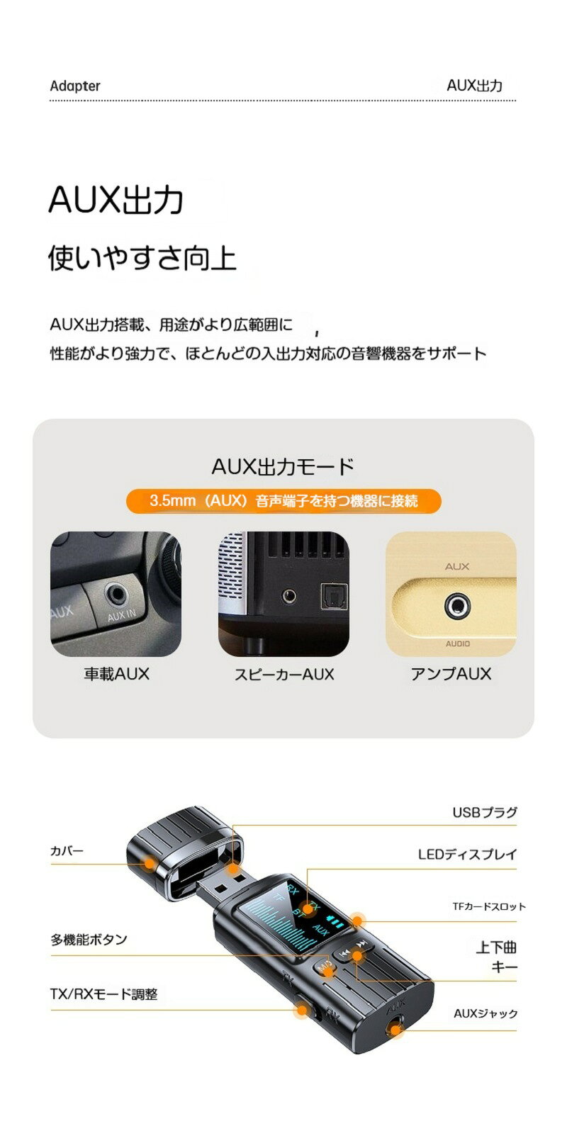 Bluetoothアダプター 5.4 受信 送信 2-in-1 車載 家庭用 USB AUX TFカード再生 ワ...