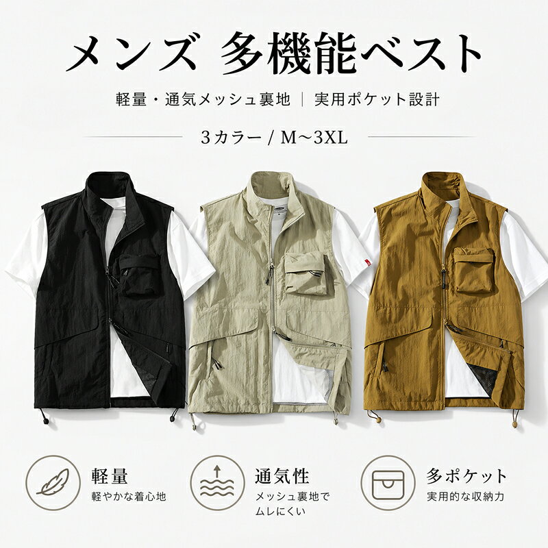 ベストメンズ多機能軽量メッシュジレ...