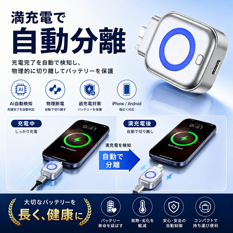 満充電で自動分離過充電を防止&nbsp; &nbsp;AIチップ搭載 スマートType-C充電アダプター大切なバッテリーを長く、健康に保つ5つの特徴AI自動検知＆物理断電：満充電を判定し、物理的に接続を切り離してバッテリーの劣化や発熱を防ぎます。最大140W対応：スマホだけでなく、ノートパソコンやタブレットのパワフルな急速充電にも対応。便利なLEDリング：出力状況が一目でわかるリングライト。（ブルー：高出力 / グリーン：低出力）使い方自在の分離式：充電器側、スマホ側のどちらに接続しても使える柔軟な設計です。コンパクト設計：約67×44mmの精巧なボディ。バッグに入れてもかさばらず持ち運びに最適です。製品名満充電自動分離アダプター接続端子Type-C (入力出力)対応電力最大 140W対応機器iPhone、Androidスマートフォン、タブレット、ノートパソコン、モバイルバッテリー、スマートウォッチ、ワイヤレスイヤホンなどのType-C機器サイズ / カラー約 67 × 44 × 21 mm / シルバー (SILVER)その他の仕様サイドボタン内蔵（自動分離機能のオン/オフ切替）免責事項ご購入前に必ずお読みください本製品はType-C端子専用です。お使いの機器がType-Cに対応しているか必ずご確認ください。最大140Wでの充電を行うには、接続するデバイス、ケーブル、および充電器のすべてが140W出力に対応している必要があります。「自動分離機能」はバッテリーの過充電対策をサポートする機能であり、すべての環境でのバッテリー劣化を完全に防ぐことを保証するものではありません。機器の仕様や充電プロトコルによっては、AIが満充電を正しく検知できず、自動分離が作動しない場合がございます。予めご了承ください。サイズは手作業による測定のため、多少の誤差が生じる場合がございます。商品画像はイメージです。ご使用のモニターや照明環境により、実際の色味と多少異なって見える場合がございます。