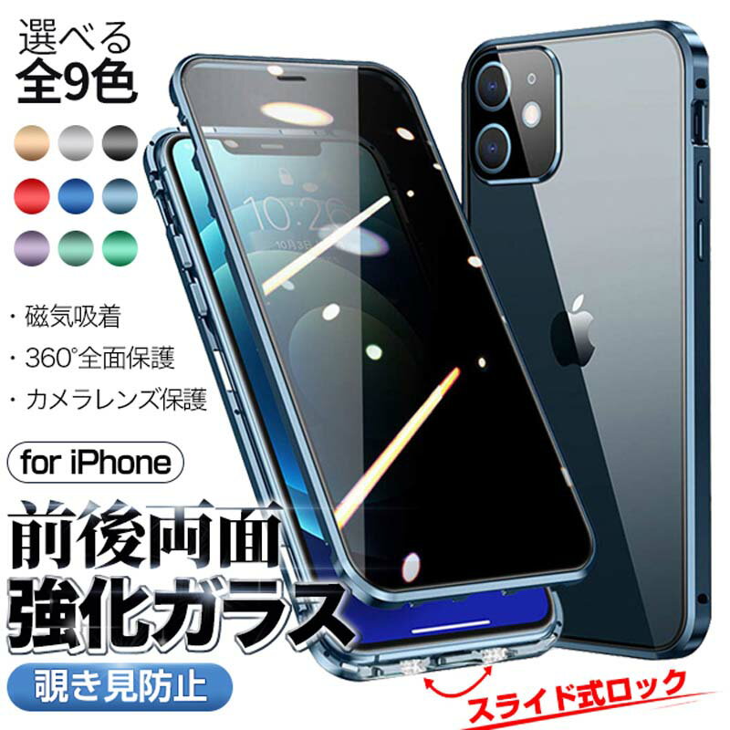 iPhone用 アルミニウム合金＆強化ガラス バンパーケース 磁力簡単装着/9H硬度/プライバシー保護/電波妨害防止 極薄デザインで日常使用・ゲーム操作に最適 全9色対応 （IPhone 16 ProMax/16 Plus/16E/15 ProMax/15 Plus/14 ProMax/14 Plus/13 ProMax/12 ProMax/11 ProMax）