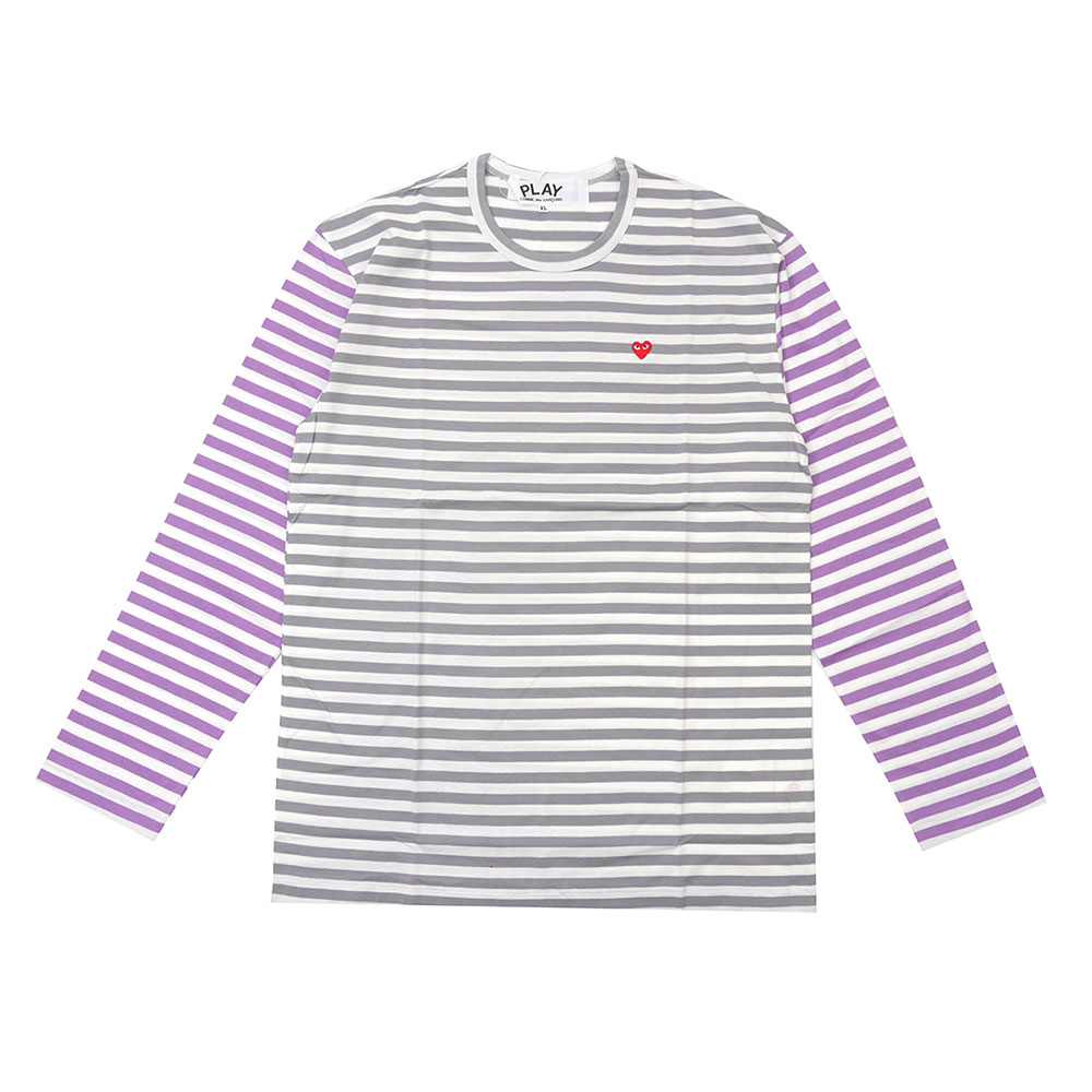 100{ۏ Vi vC RfM\ PLAY COMME des GARCONS MENS Small Red Heart Striped L/S T-Shirt TVc GRAYxPURPLE Y V