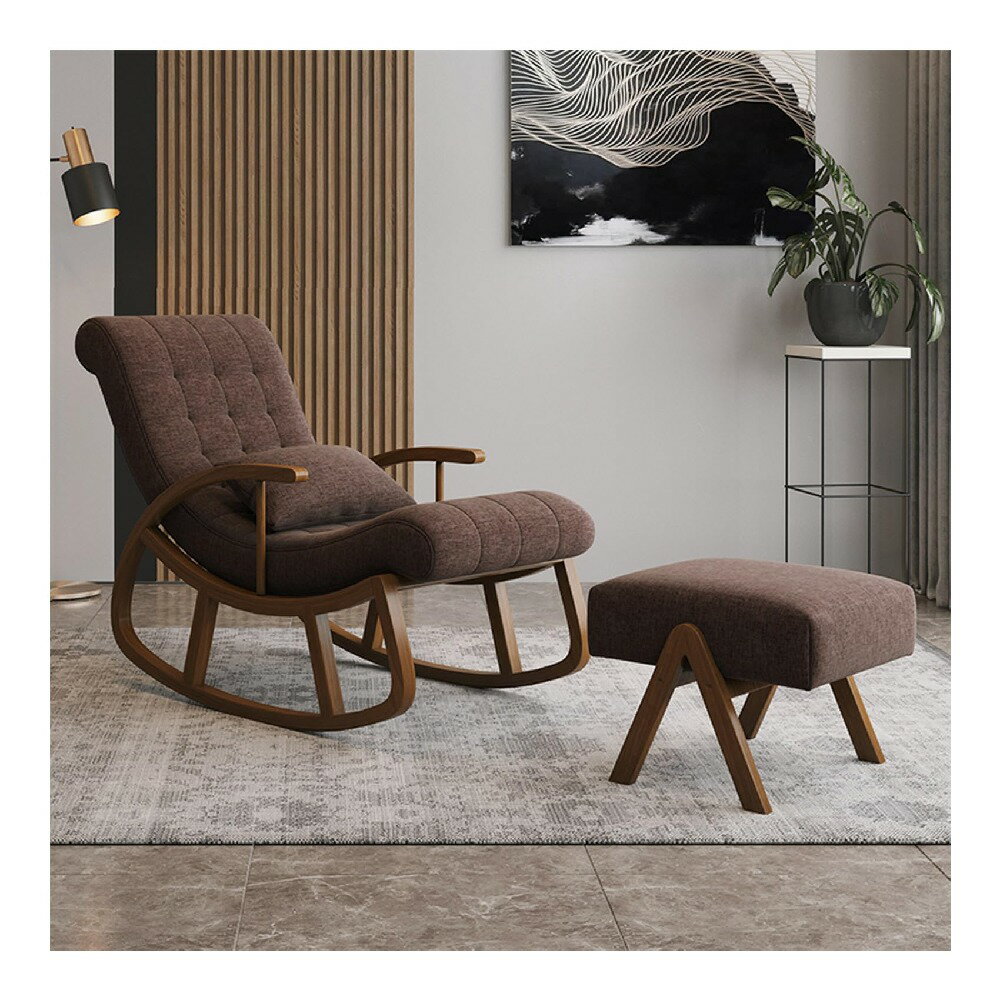 木製ロッキングチェア ロッキングチェア リクライニングチェア おしゃれ 北欧 椅子 ゆったり 揺れる椅子 耐荷重150kg リラックスチェア ラウンジチェア リビング用 揺り椅子 丈夫 一人掛けソファ ベランダ ベランダ多機能ロッ ライトグレー 椅子＋オットマン