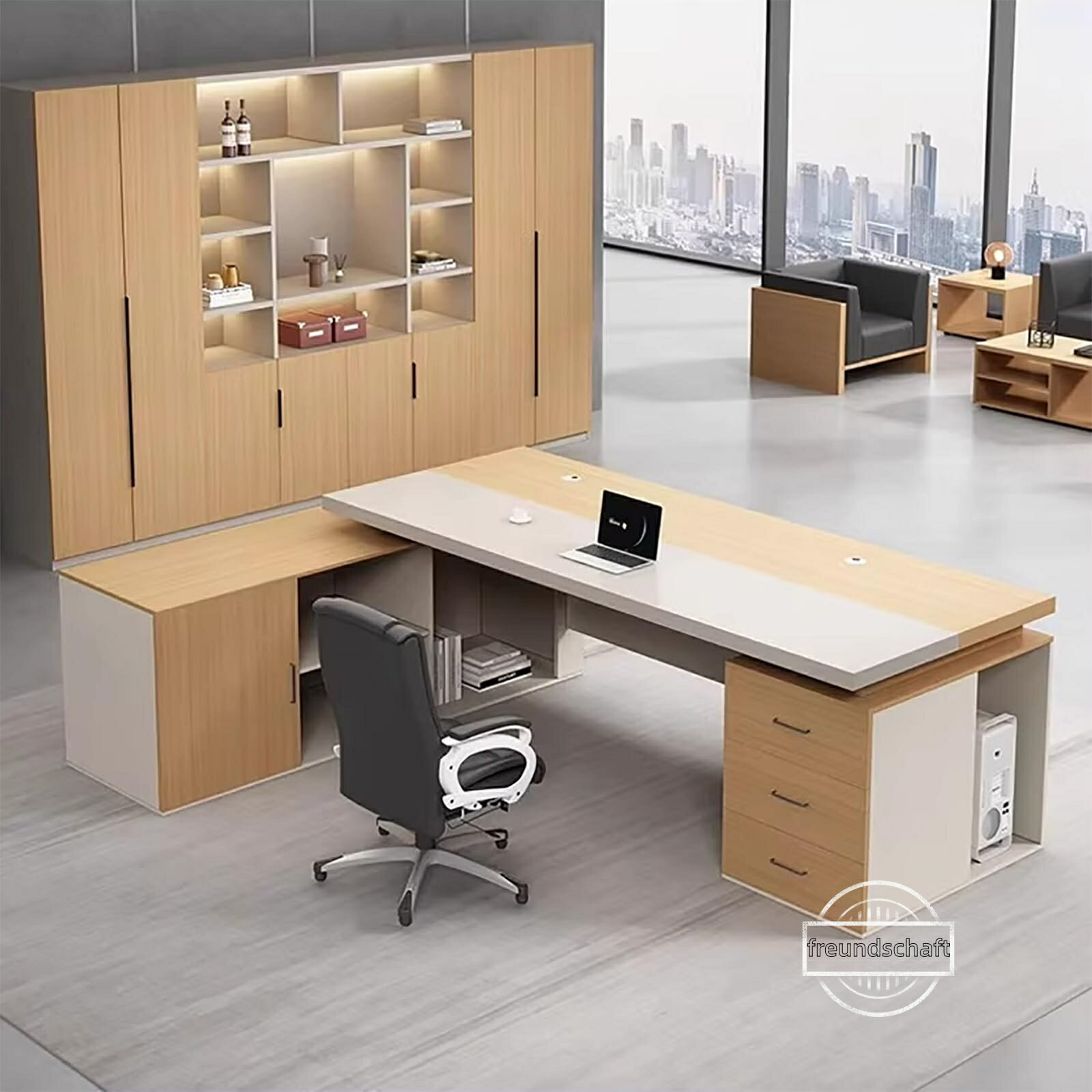 Rakuten - 法人様向け 社長デスク L型 エグゼクティブデスク 200kg耐荷重 2.5cm厚天板 大容量両袖収納 プライバシーパネル 高さ75cm 防水防傷 簡単組立 役員デスク 社長テーブル オフィスデスク(グレー＋クリームグレー,200x80x75cm)