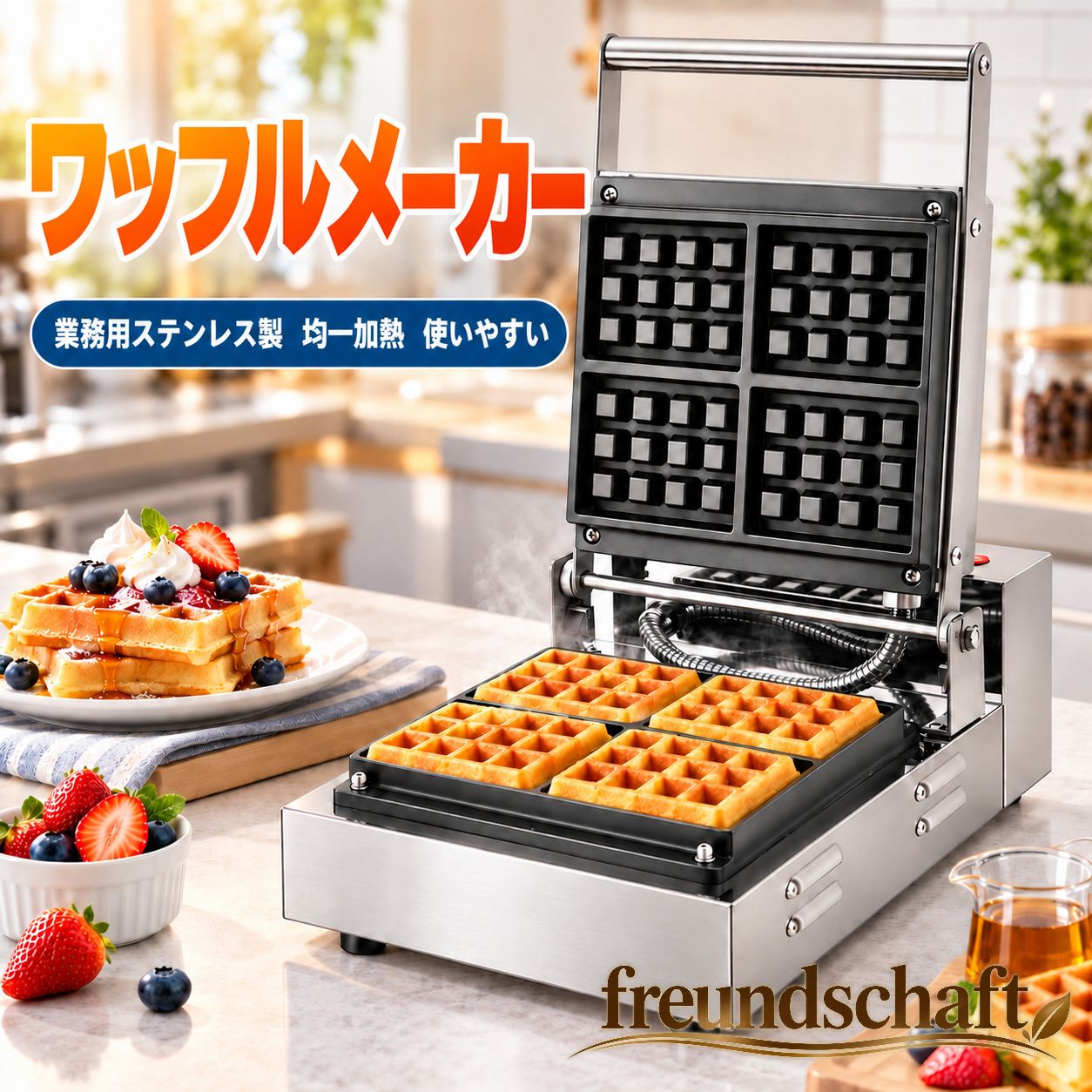 業務用 ワッフルメーカー 電気式 ワッフル焼き器 スクエアワッフルメーカー 角型ワッフル ベルギーワッフル 両面加熱 たい焼き風ワッフル ホットサンドメーカー 多種類プレート対応 ステンレス製 厨房機器