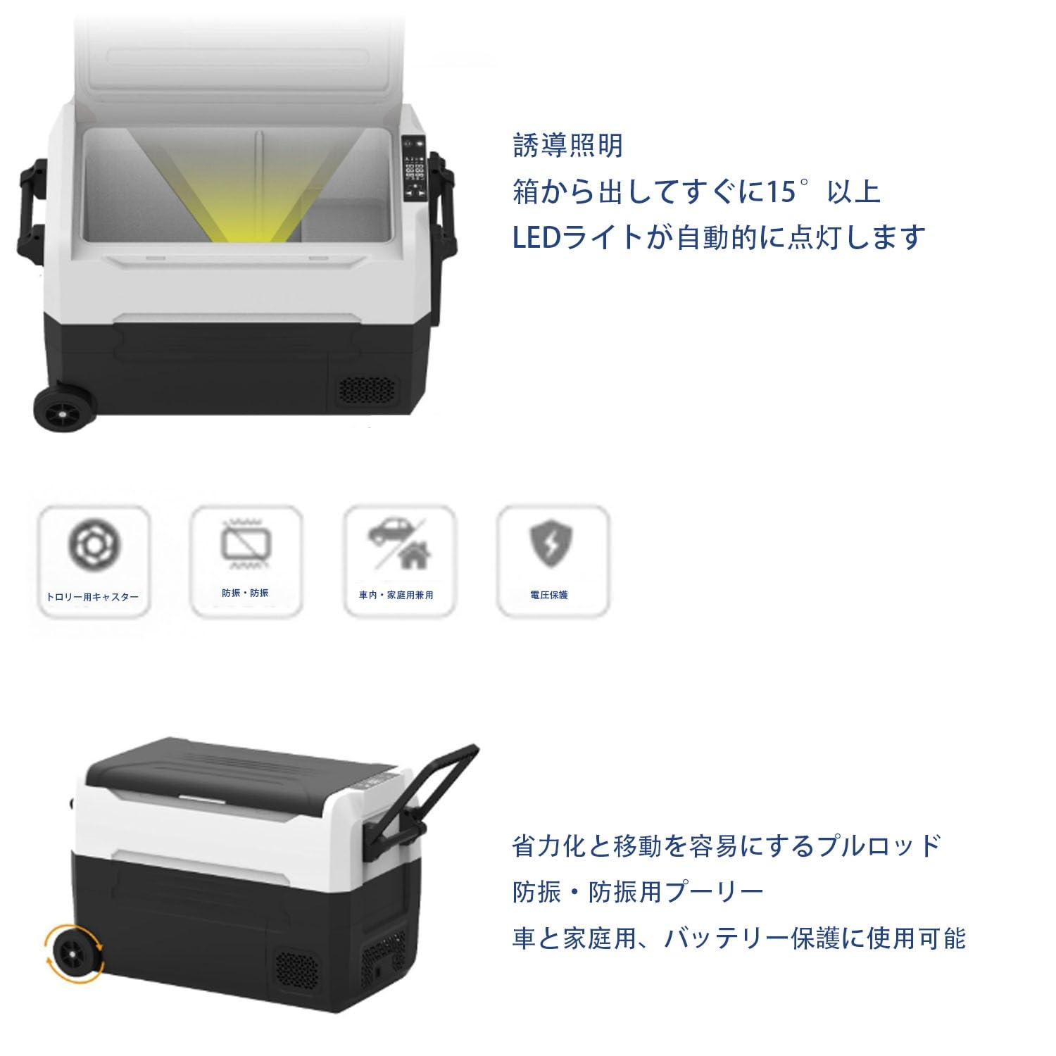 車載冷蔵庫 大容量 キャスター付き 調整ハンドル付き【2蓋2室独立温度制御・バッテリー内蔵可能】電源対応 ポータブル冷蔵庫 急速冷凍 静音 省エネ 車載家庭両用 車中泊 キャンプ 釣り 災害時に大活躍(35L)