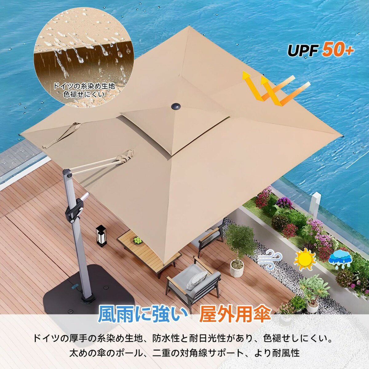 『ポイント5倍!5月限定!』風に強い 大型ガーデンパラソル 強化八骨&二重吊り構...