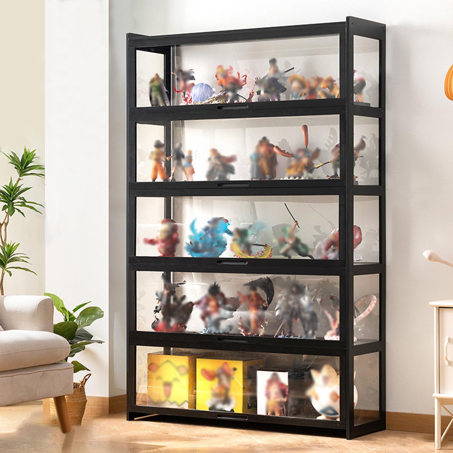 コレクションケース 新しい厚くする 五層長さ90cm フィギュアケース 竹枠 アクリル ショーケース コレクションキャビネット コレクションボード ガラスケース フィギュア グッズ 大容量のストレージ コレクションラック（木の色）