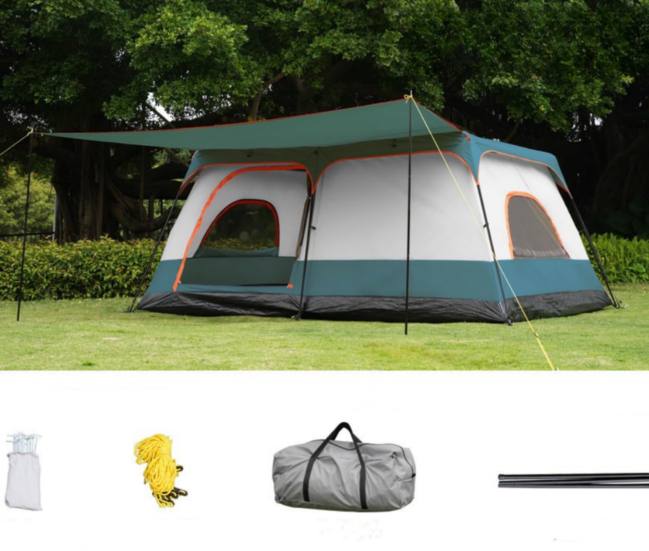 · 430*305cm200cmルームとリビング装備大空間あり、8-12人収容可能快適な居住空間を楽しめながら、椅子、テーブルなどを並べて余裕なリビングスペースも確保できます。200cmまでの天井の高さあり、テント内に窮屈なしゆったり動き回します。· キャンプ、ハイキング、釣り、サーフィン、屋外バーベキュー、アドベンチャー、家族のパーティー、インナーテントの前面、左右出入り、後ろ風窓は全てメッシュ面装備二重層構造、 天井までもメッシュスクリーンタイプ、蚊虫入りにくい、通気性&amp;開放感良い、 夏の強い日差しの眩しを軽減し、心地良いひかりを取り入れ、テント内に快適に すごせます。· テント生地表面に耐水圧3000mm撥水防水加工された210Dオックスフォードを使い、縫い目にも水漏れないPU加工され、大雨でも安心してご利用頂けます。· 正面シートをボールで支えると、開放感よい天幕として利用可能、日陰やレジャー空間が広がり、ゆったりとした荷物置き場、BBQ、食事など家族とのくつろげる空間としても利用可能。広々空間：奥行き430×幅305×高さ200cmの大空間で、8～12人まで快適に収容可能。椅子やテーブルを並べても余裕のあるリビングスペースを確保できます。天井は200cmまであり、テント内でゆったりと立ち上がれます。多用途で快適：キャンプ、ハイキング、釣り、サーフィン、屋外BBQ、家族パーティーなど、様々なアウトドアシーンに最適。インナーテント前面左右出入口後方の風窓は全てメッシュ仕様で二重層構造。天井までメッシュで蚊などの侵入を防ぎ、通気性と開放感に優れています。夏の強い日差しも和らげ、快適な光を取り入れられます。高耐水性能：テント生地には耐水圧3000mmの撥水加工済み210Dオックスフォードを使用。縫い目にもPU加工が施されており、大雨でも安心して使用可能です。前室の活用：正面シートを支えると天幕として使用可能。日陰や荷物置き場、BBQや食事スペースなど、家族でくつろげる空間としても活用できます。安心のプライバシー：フライシート付きでフルクローズ可能。プライバシーを確保しながら就寝中も安心です。品質サービス:1、 当社の製品に問題がある場合は、お気軽にお問い合わせください。2、輸送中に多少の衝撃が加わる可能性がございます。万が一不具合や破損などがございましたら、部品の再送など対応させていただきますので、お気軽にご連絡くださいませ。3、商品が多いため、発送時に説明書をお送りし忘れることがございます。万が一、説明書が届いていない場合や、商品組み立てに関してご不明点がございましたら、お手数ですがご連絡いただけますようお願い申し上げます。電子版の説明書を再送させていただきますので、どうぞご安心ください。お客様にはご理解いただきますようお願い申し上げます。お客様のご支援が、私たちの励みとなっております。· 430*305cm200cmルームとリビング装備大空間あり、8-12人収容可能快適な居住空間を楽しめながら、椅子、テーブルなどを並べて余裕なリビングスペースも確保できます。200cmまでの天井の高さあり、テント内に窮屈なしゆったり動き回します。· キャンプ、ハイキング、釣り、サーフィン、屋外バーベキュー、アドベンチャー、家族のパーティー、インナーテントの前面、左右出入り、後ろ風窓は全てメッシュ面装備二重層構造、 天井までもメッシュスクリーンタイプ、蚊虫入りにくい、通気性&amp;開放感良い、 夏の強い日差しの眩しを軽減し、心地良いひかりを取り入れ、テント内に快適に すごせます。· テント生地表面に耐水圧3000mm撥水防水加工された210Dオックスフォードを使い、縫い目にも水漏れないPU加工され、大雨でも安心してご利用頂けます。· 正面シートをボールで支えると、開放感よい天幕として利用可能、日陰やレジャー空間が広がり、ゆったりとした荷物置き場、BBQ、食事など家族とのくつろげる空間としても利用可能。広々空間：奥行き430×幅305×高さ200cmの大空間で、8～12人まで快適に収容可能。椅子やテーブルを並べても余裕のあるリビングスペースを確保できます。天井は200cmまであり、テント内でゆったりと立ち上がれます。多用途で快適：キャンプ、ハイキング、釣り、サーフィン、屋外BBQ、家族パーティーなど、様々なアウトドアシーンに最適。インナーテント前面左右出入口後方の風窓は全てメッシュ仕様で二重層構造。天井までメッシュで蚊などの侵入を防ぎ、通気性と開放感に優れています。夏の強い日差しも和らげ、快適な光を取り入れられます。高耐水性能：テント生地には耐水圧3000mmの撥水加工済み210Dオックスフォードを使用。縫い目にもPU加工が施されており、大雨でも安心して使用可能です。前室の活用：正面シートを支えると天幕として使用可能。日陰や荷物置き場、BBQや食事スペースなど、家族でくつろげる空間としても活用できます。安心のプライバシー：フライシート付きでフルクローズ可能。プライバシーを確保しながら就寝中も安心です。品質サービス:1、 当社の製品に問題がある場合は、お気軽にお問い合わせください。2、輸送中に多少の衝撃が加わる可能性がございます。万が一不具合や破損などがございましたら、部品の再送など対応させていただきますので、お気軽にご連絡くださいませ。3、商品が多いため、発送時に説明書をお送りし忘れることがございます。万が一、説明書が届いていない場合や、商品組み立てに関してご不明点がございましたら、お手数ですがご連絡いただけますようお願い申し上げます。電子版の説明書を再送させていただきますので、どうぞご安心ください。お客様にはご理解いただきますようお願い申し上げます。お客様のご支援が、私たちの励みとなっております。