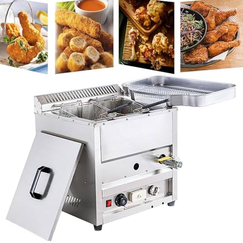 ステンレススチール製ガスフライヤー、フライドポテト用大容量ディープフライヤー、バスケットと蓋付き..