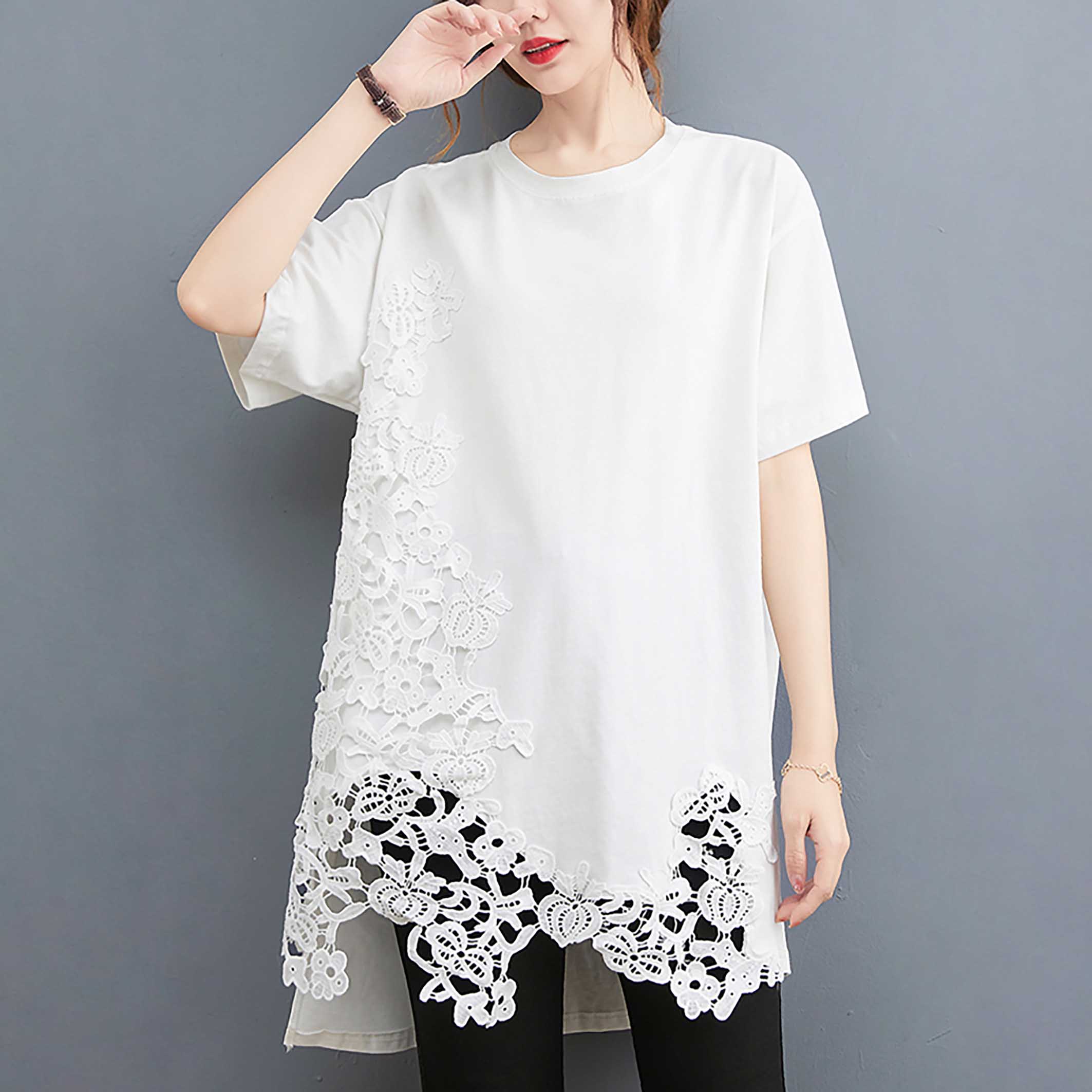 Tシャツ レディース 半袖 カットソー 花柄 レース 刺繍 無地 黒 白 綿 体型カバー ...