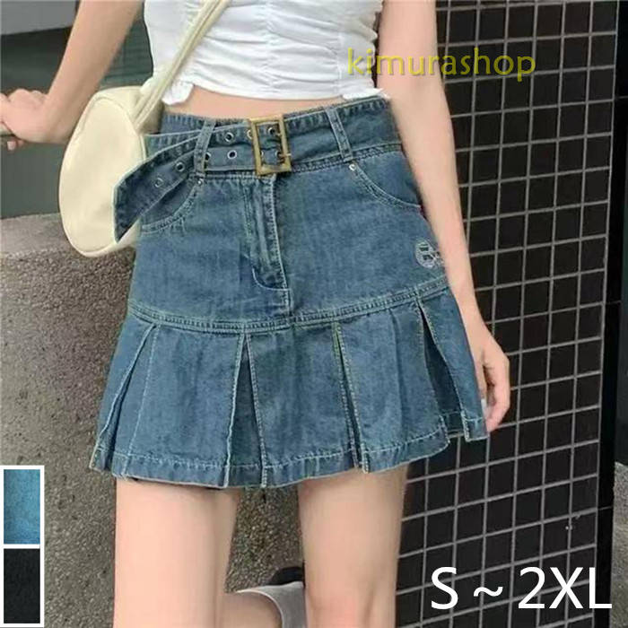ミニスカート デニムスカート プリーツスカート ブラック ブルー スカート 原宿 韓国ファッション レディース ストリートファッション