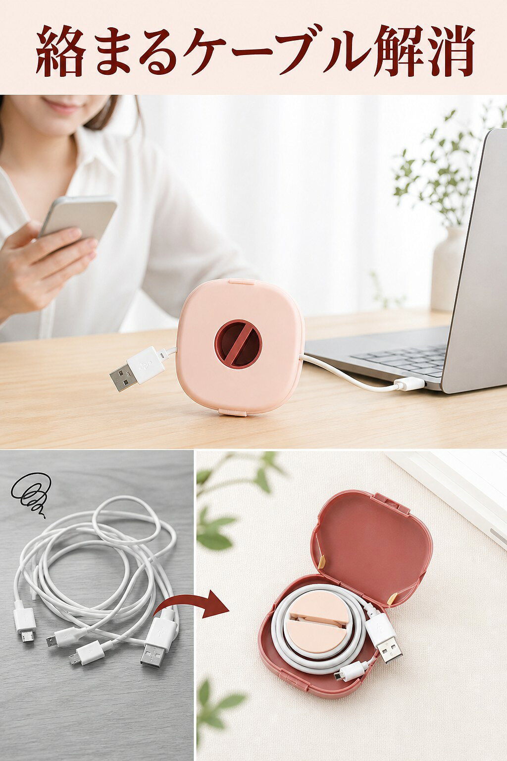 絡まるケーブルをスッキリ収納！回転式コードリール＆スマホスタンド機能付き多機能ケーブルオーガナイザー。デスク周りや外出先でのスマートなガジェット整理に friday8shop-10006820 KimuraOnlineShop サンプル画像2