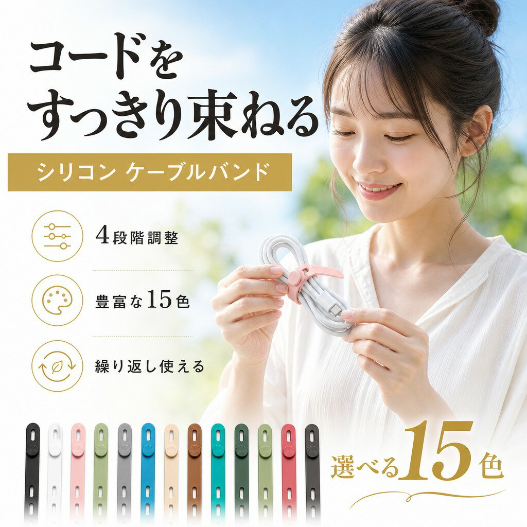 デスク周りをすっきり！繰り返し使える シリコン ケーブルバンド 10個セット 15色展開 調整可能 コードクリップ イヤホン データケーブル 収納 整理 自宅 オフィス ガジェット好きに friday8shop-10006823 KimuraOnlineShop パッケージ画像