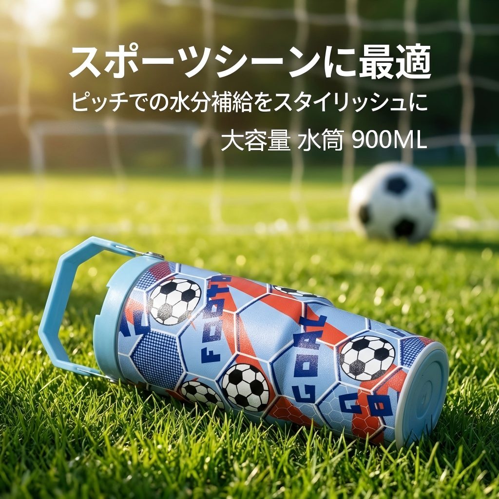 Rakuten - 水筒 タンブラー ストロー付き 900ml 大容量 漏れない サッカー マグボトル 保冷 真空断熱 持ち手付き パウダーコーティング おしゃれ スリム 子供 キッズ 男の子 小学生 スポーツ 部活 アウトドア クラブ活動 水分補給 遠足 全5色