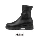 【SALE⇒20%OFF】ブーツ レディース サイドジップ MOLLINI モリーニ ストレッチブーツ スムースブーツ ボリュームソール 厚底 ブラック 柔らか...