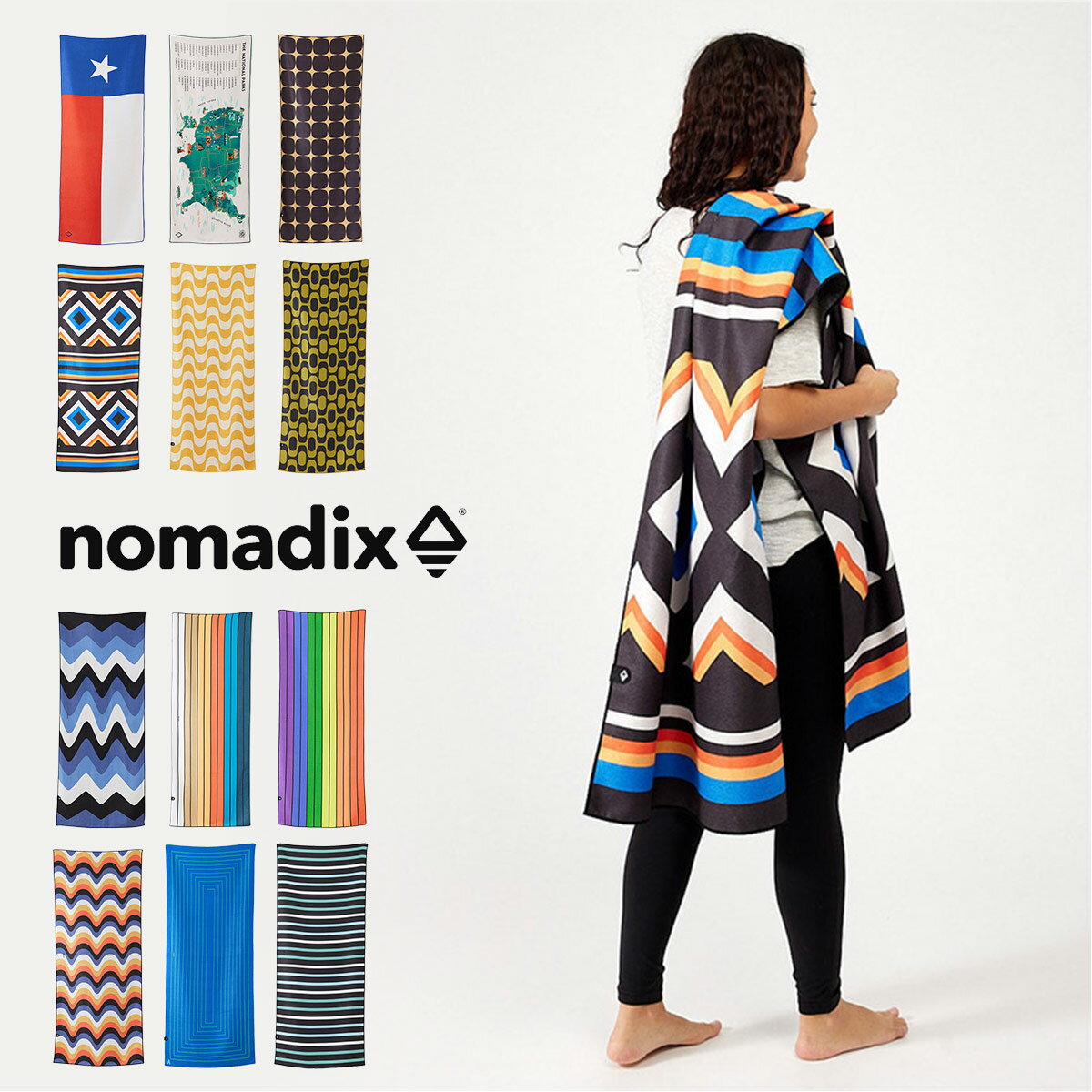 ▼NOMADIX / NOMADIX TOWEL(ノマディックスタオル) カリフォルニア発、NOMADIX(ノマディックス) カリフォルニア州で生まれたノマディックスは、 様々なデザインと機能性、そして環境に優しいタオルブランドです。 サーフィンやキャンプをして毎日を過ごす中、環境汚染の問題について何かできる事はと 考えたブランド創業者3人が、再生可能なプラスチックで環境を守るプロダクト開発をスタート。 そこで生まれたのが、ペットボトルなどを再利用して作成された リサイクルポリエステル繊維でできた高機能でサステナブルなタオル。 一般的なタオルと比べて約4倍もの吸水性と速乾性を兼ね備え、 使った後もサッと乾き、臭いの原因となるバクテリアの繁殖さえも防ぎます。 その他、プロダクトによってシーンに役立つ万能な機能が盛り沢山。 ●ヨガマットとして ●お家時間のフィットネスに ●ビーチマットタオルとして ●野外フェスなどのシートに ●花火大会やピクニックなどのシートに ●ソファやクッションカバーとしてインテリアに 様々なシチュエーションで大活躍します！ ■Size 72x184cm ■重さ： 453g ■素材：リサイクルポリエステル繊維 当店はNOMADIX正規品販売店になります。