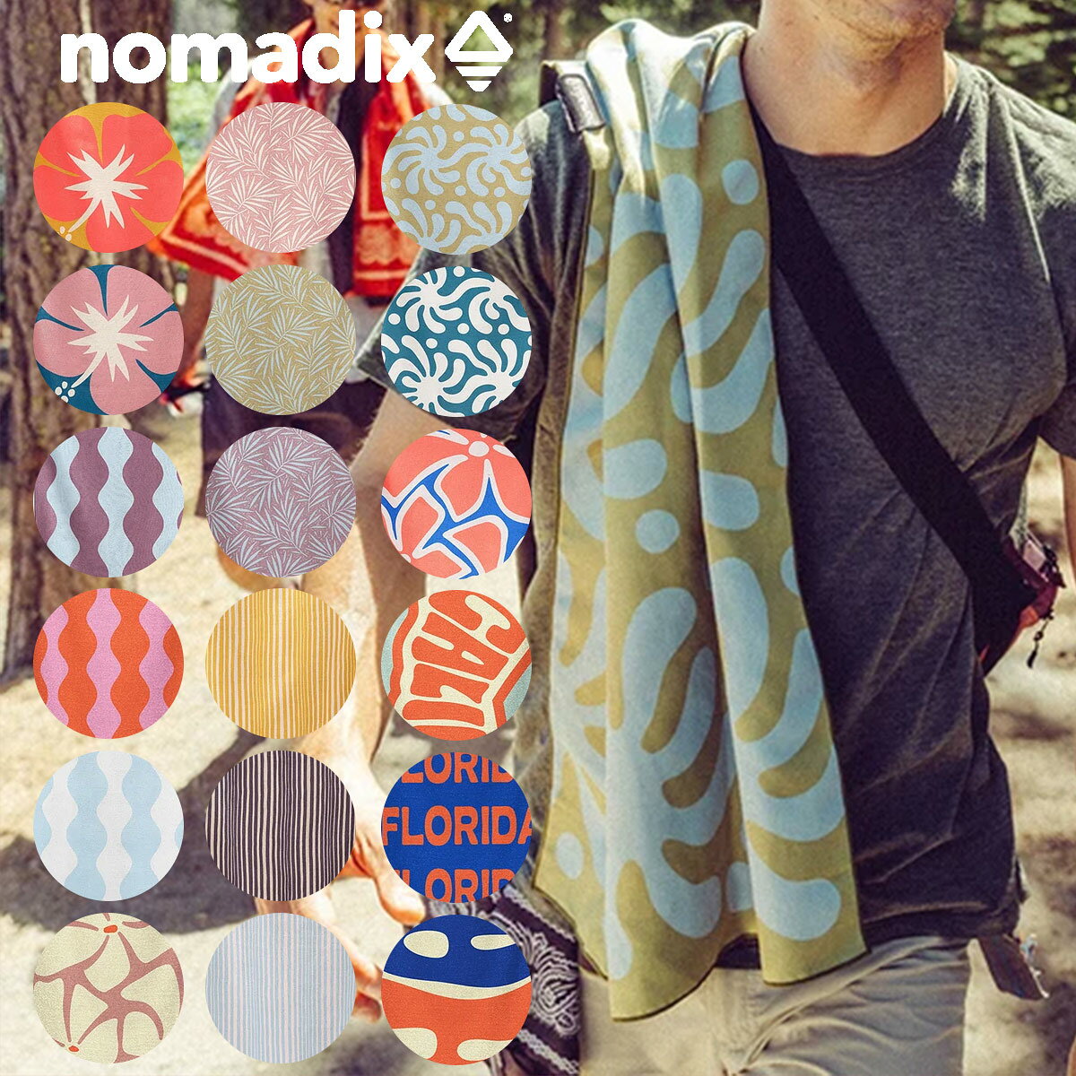 ▼NOMADIX / Original Towel カリフォルニア州で生まれたノマディックスは、 様々なデザインと機能性、そして環境に優しいタオルブランドです。 サーフィンやキャンプをして毎日を過ごす中、環境汚染の問題について何かできる事はと 考えたブランド創業者3人が、再生可能なプラスチックで環境を守るプロダクト開発をスタート。 そこで生まれたのが、ペットボトルなどを再利用して作成された リサイクルポリエステル繊維でできた高機能でサステナブルなタオル。 一般的なタオルと比べて約4倍もの吸水性と速乾性を兼ね備え、 使った後もサッと乾き、臭いの原因となるバクテリアの繁殖さえも防ぎます。 その他、プロダクトによってシーンに役立つ万能な機能が盛り沢山。 どこでもマルチに使えるオリジナルタオル 旅行、ビーチ、ヨガなど様々なシーンで最適な高性能タオルなので、このタオルは「The Only Towel You Need」と名付けられました。性能を犠牲にすることなく多様な使い方ができるようにデザインされているため、"少ないモノで、多様なコトを " 実現するタオルです。 ●吊り下げループ付き ●砂がつきにくい(防塵性) ●グリップ感のある質感 ●UPF 50+ ●防臭 ●軽量 ●小さくまとまる ●洗濯機使用可 乾燥にかかる所要時間：従来のコットンタオルの4倍の速さ 【Size】72x184cm 【重さ】453g 【素材】90％ リサイクルポリエステル、10％ ナイロン 当店はNOMADIX正規品販売店になります。 【キーワード】 NOMADIX ノマディックス オリジナルタオル バスタオル ビーチタオル リサイクルポリエステル サステナブル サステナビリティ SDGs エコ 速乾 吸水 ハイキング キャンプ アウトドア ヨガ フィットネス ジム サーフィン 海水浴 プール 温泉 トラベル 旅行 軽量 コンパクト パッカブル 耐久性 毛羽立ちにくい 砂が落ちやすい 多機能 マルチパーパス デザインタオル カラフル ギフト プレゼント おしゃれ