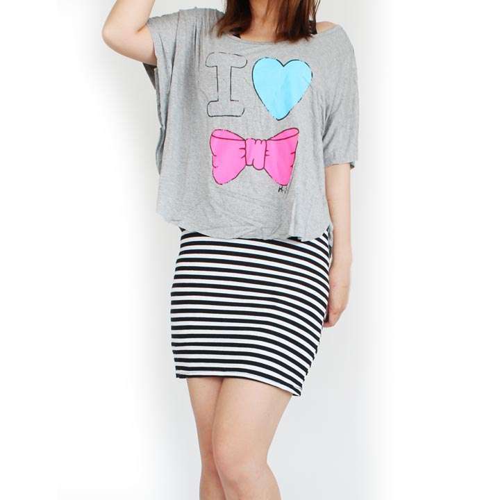 Rakuten - ボーダータンク付き♪リボン ドルマンTシャツ◎グレー[5041547]