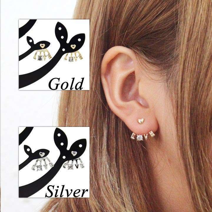 ピアス イヤーカフス ★ピアス チタンポスト 両耳 ラインストーン バックプレート LOVE[5326309]