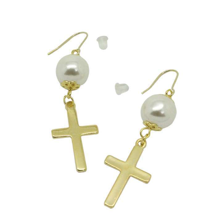 ピアス レディース パール フックピアス フェイクパール クロス 十字架 チェーン スパイク ゴールド 樹脂キャッチ付き[5486852]
