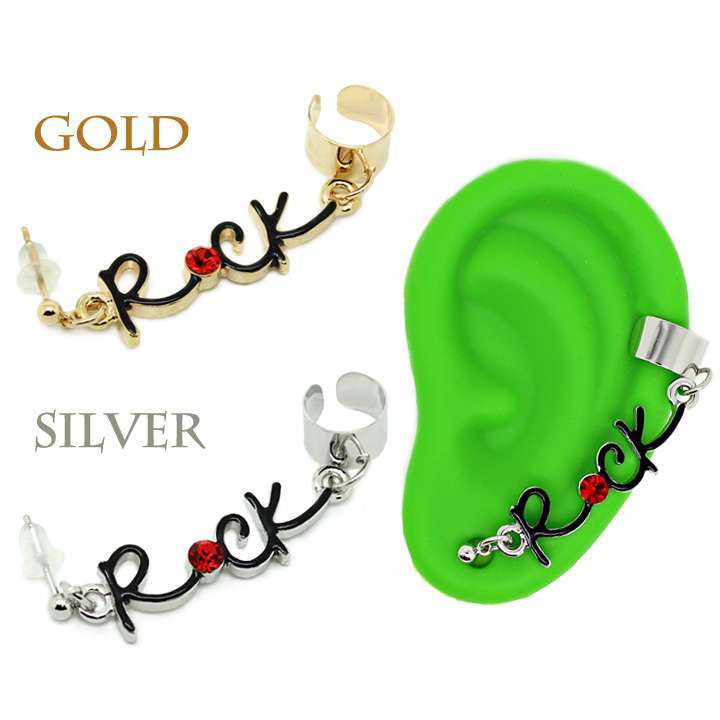 イヤーカフピアス Rock ロゴ ステンレス ラインストーン◎ゴールド[5652696]
