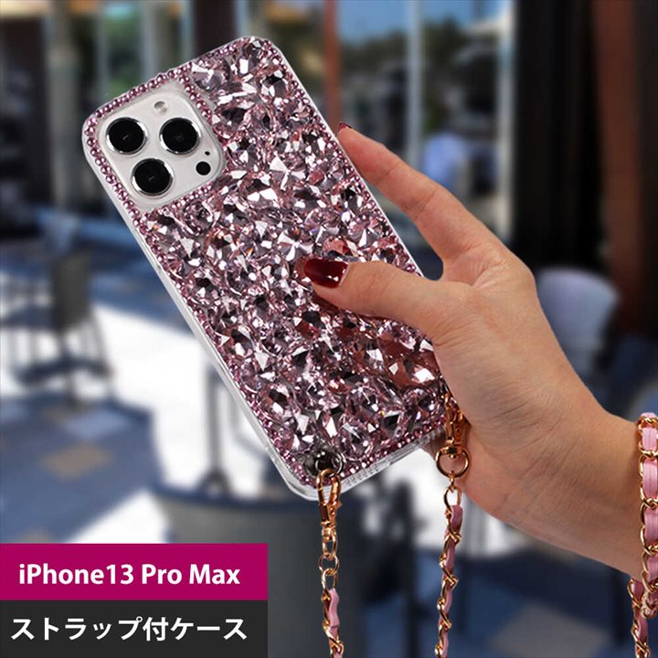 Rakuten - iPhone13 Pro Maxケース ショルダーストラップ【ピンク】 ストラップ付ケース キラキラ クリスタル ラインストーン ダイヤモンド保護ケース