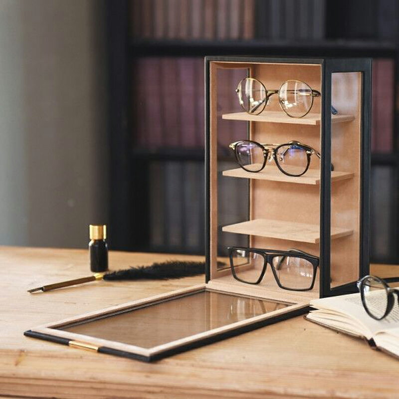 メガネタワー(240-453)【メガネ入れ 眼鏡ケース メガネスタンド 革 レザー 黒 ブラック ディスプレイラック 卓上 収納 4段 メンズ ギフトプレゼント...