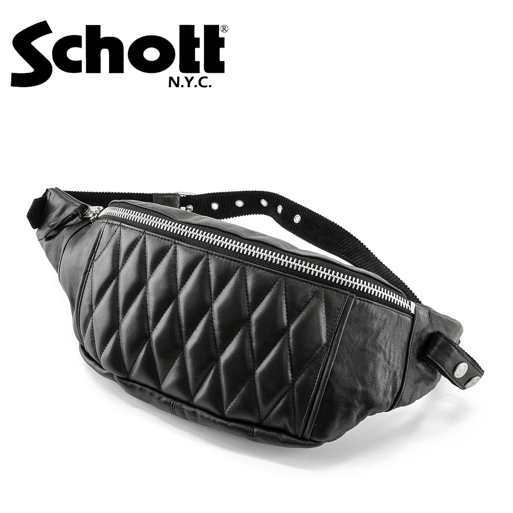 ショット(SCHOTT) パッデッド レザー ボディーバッグ (BAG 斜め掛け バイカー ウエストバッグ バッグ 本革 人気定番 ツーリング アメカジ メンズ レディース ブラック)